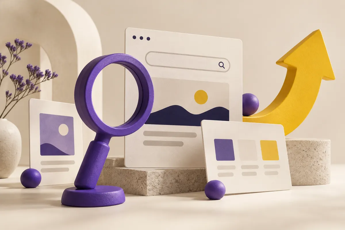 Illustration du référencement : loupe violette, pages web et flèche jaune.